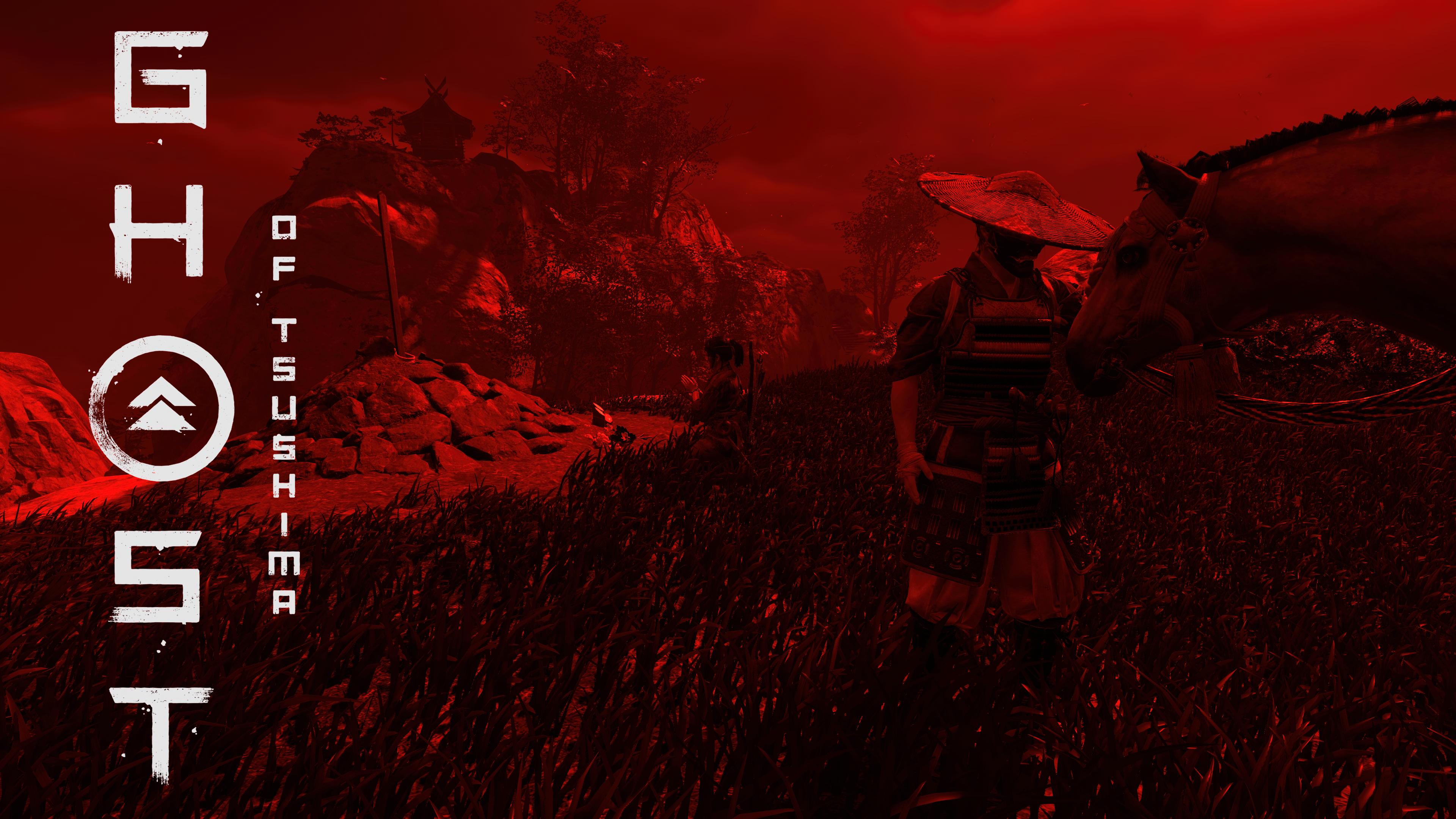 A red stylized image of a man petting a horse