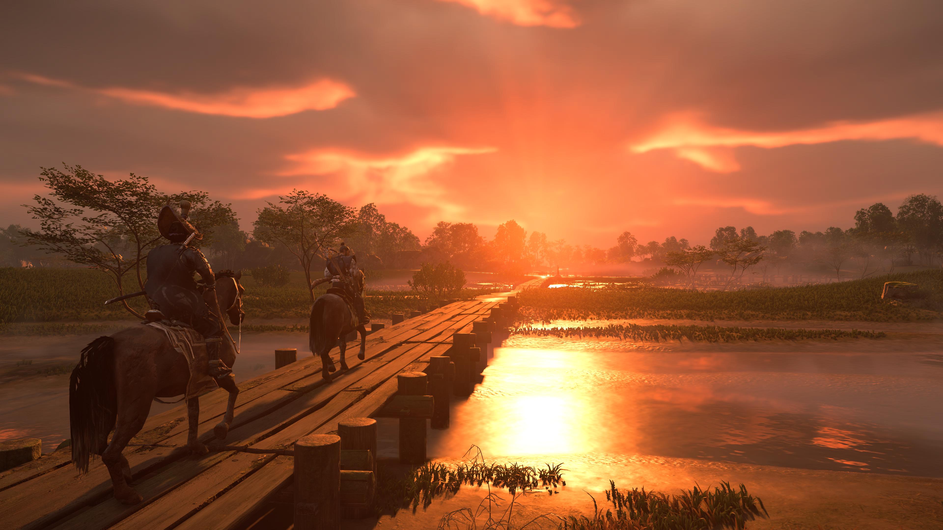 Two Men Riding on Horseback, Facing a Sunset, on a bridge in a swamp, inside Ghost of Tsushima